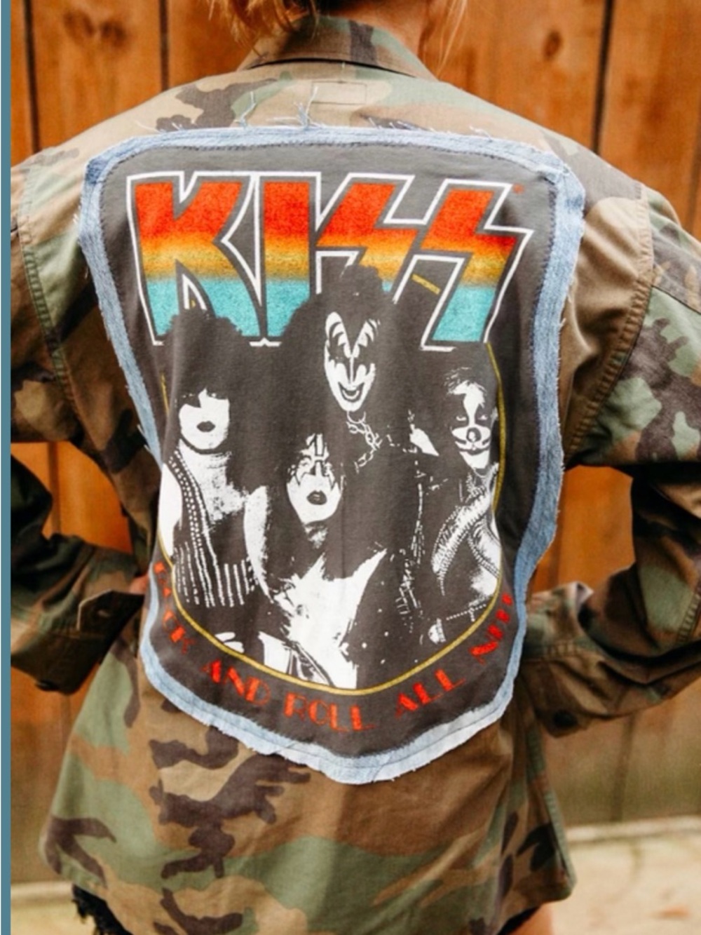 Upcycled Kiss Military Camo Jacket with Vintage Rainbow Logo Patch